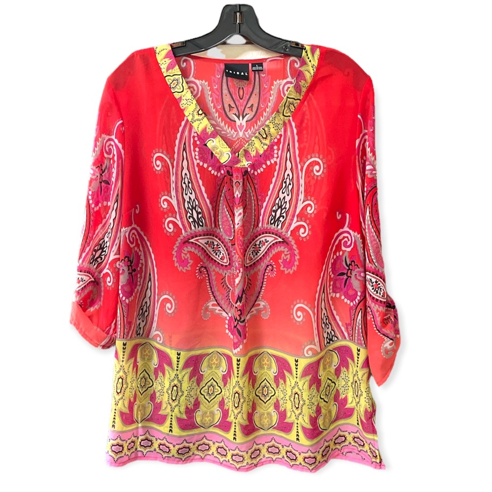 Sheer Printed V Neck Tunic Top, Size Large.